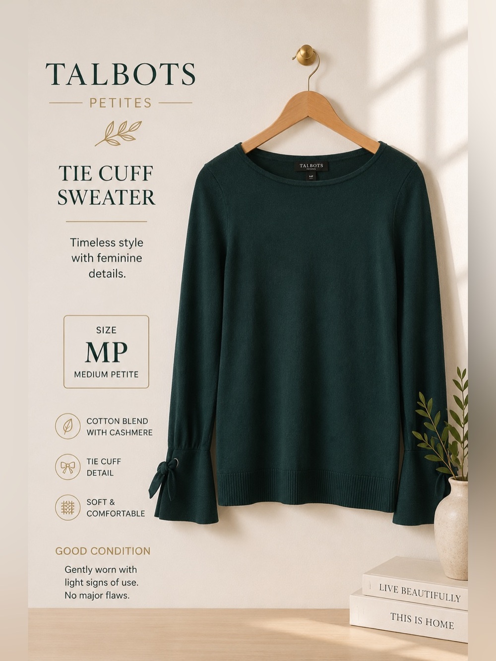 Talbots Petites Boat Neck Sweater with Tie Cuff Sleeves Green MP